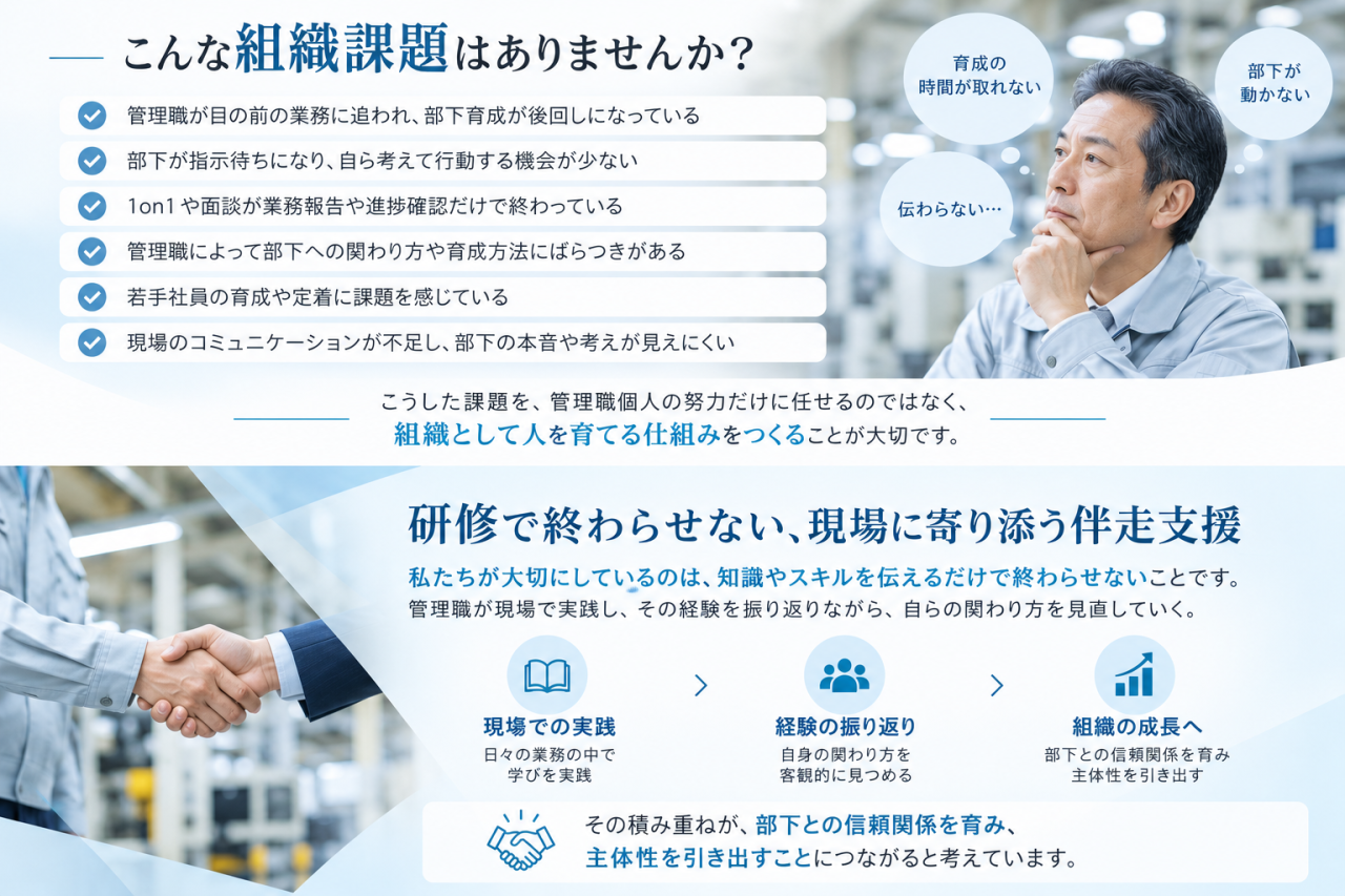 組織課題と伴走支援の青い infographic